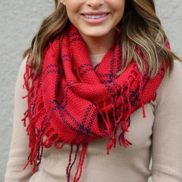 Red Plaid Windowpane Fringe Tassel Infinity Scarf - Picture 3 of 3